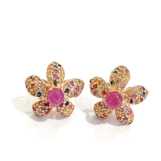Pink Bochic “Orient” Ruby and Fancy Color Sapphires Set In 18K Gold and Silver Earrings For Sale - Image 8 of 11