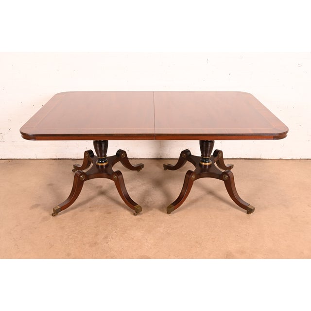 Wood Kittinger Regency Banded Mahogany Double Pedestal Extension Dining Table, Newly Refinished For Sale - Image 7 of 16