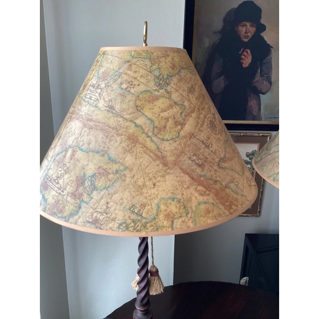 Rustic European Pair of 1990s Maitland-Smith Style Barley Twist Lamps With Tassels and Map Themed Shades For Sale - Image 3 of 8