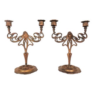 Pair of Art Nouveau Candelabra Copper Candle Holders Candlesticks For Sale