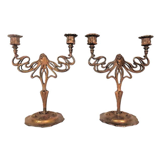Pair of Art Nouveau Candelabra Copper Candle Holders Candlesticks For Sale