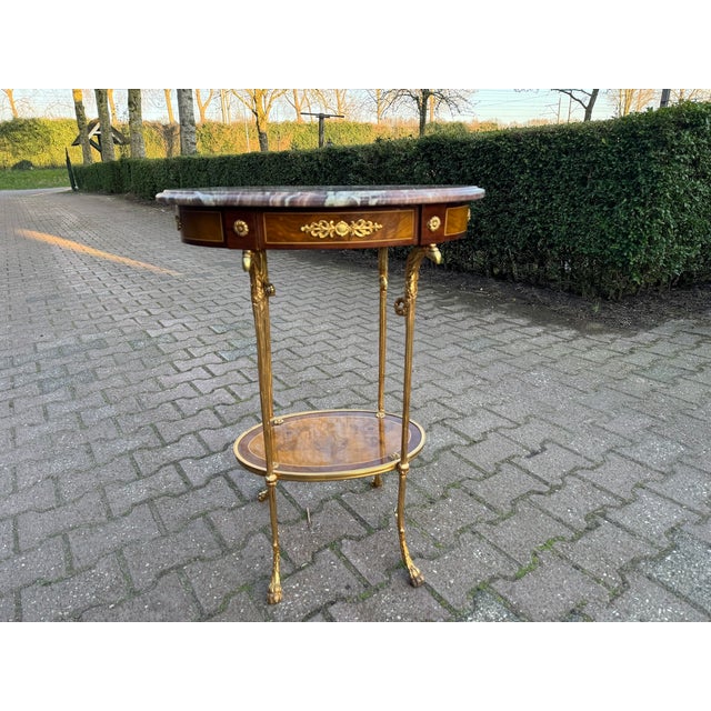 Wood 1980 French Louis XVI Gold Mahogany Marble Side Table Bronze For Sale - Image 7 of 11