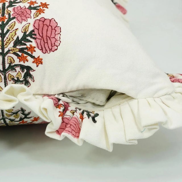 Fabdivine Artisan Block Print Throw Frill Pillow Cover Pink 24x24 Inch Thick Cotton White- Swadesh For Sale - Image 4 of 5