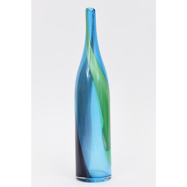 Mid-Century Modern Vintage Glass Swirled Tall Bottle Blue, Purple, Green, Turquoise Denmark For Sale - Image 3 of 9