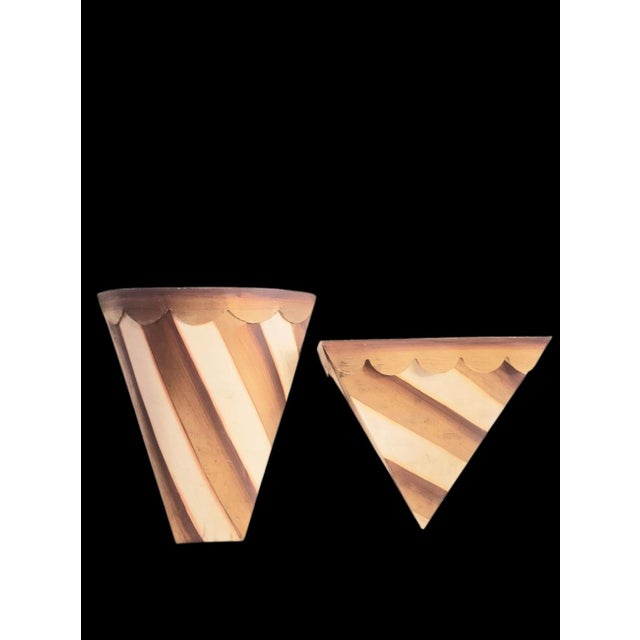 Traditional Metal Gold Cream Brown Striped Scalloped Edge Regency Wall Shelf Brackets- A Pair For Sale - Image 3 of 9