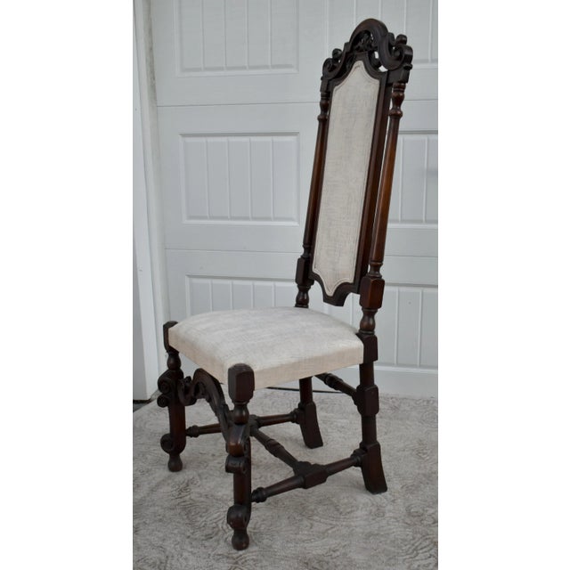 Walnut Accent Chair Carved High Back Jacobean Style William & Mary Stretcher 80s For Sale - Image 11 of 12