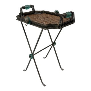 Vintage Maitland-Smith Metal, Woven Rattan & Glass Tray Table For Sale