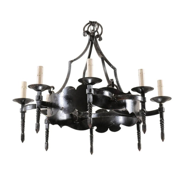 French Mid-20th Century Iron Ring Chandelier With Eight Torch-Shaped Lights For Sale - Image 10 of 10