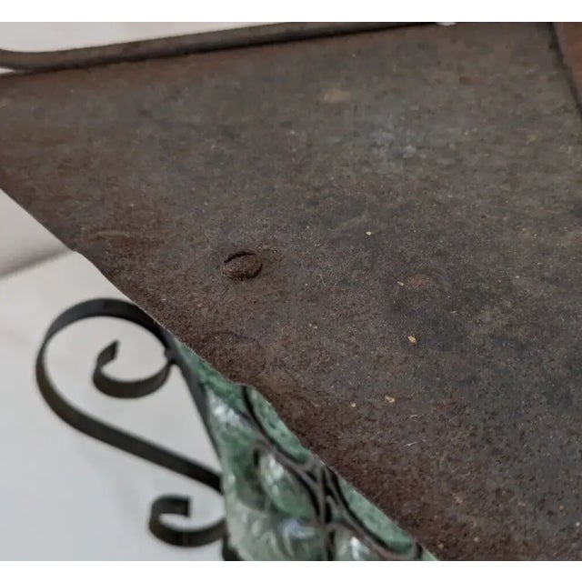 Metal Gothic Spanish Revival Wrought Iron & Green Glass Hanging Lantern For Sale - Image 7 of 10