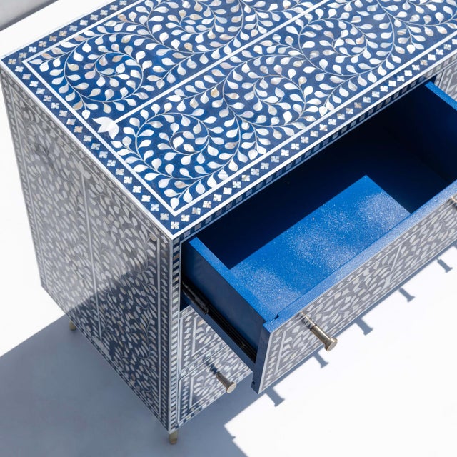 Arts & Crafts Arabesque Bone Inlay Six-Drawer Dresser - Blue by House of Jaipur For Sale - Image 3 of 6