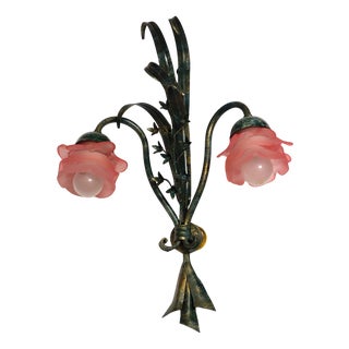 Vintage Green Gold Patinated Metal Pink Shade Wall Lamp from Unbekannt, 1970s For Sale