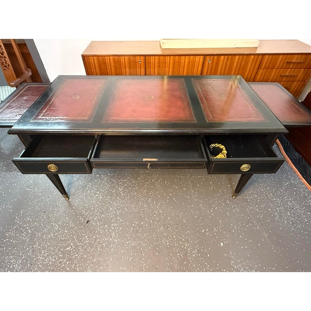 1990s Lillian August for Hickory White Ebonized Leather Top Desk With Pull-Out Slides For Sale - Image 9 of 12