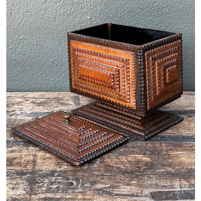 Vintage Tramp Art Wood Box on Pedestal For Sale In West Palm - Image 6 of 17