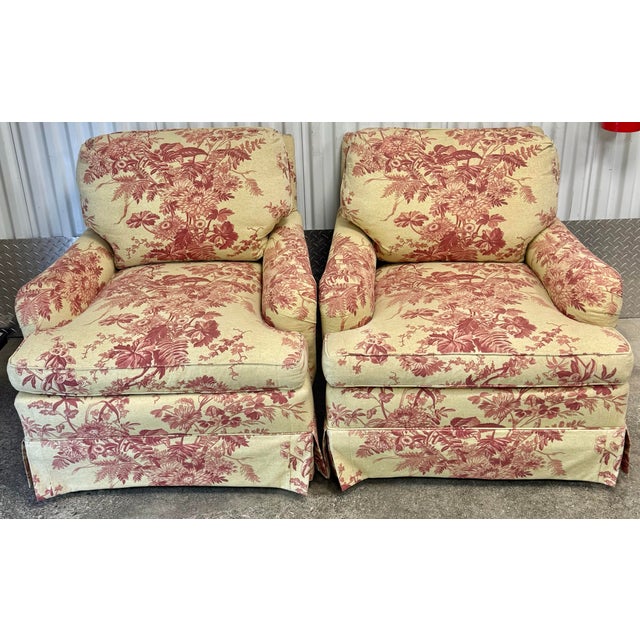 Beautiful pair of swivel chairs by Hickory chair custom made for Greenbaum interiors. Features classic toile motif ,...
