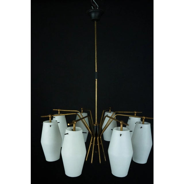 Mid-Century Modern Chandelier with Eight Opaline Glass Shades, 1950s For Sale - Image 9 of 15