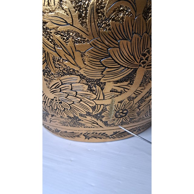 Large Vintage Chinoiserie Black & Gold Embossed Ceramic Cachepot Planter For Sale - Image 12 of 12