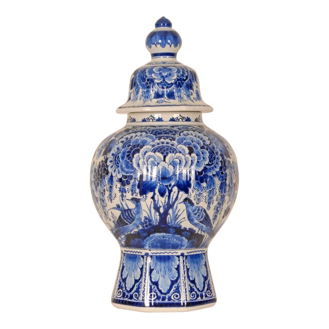 Royal Delft Blue and White Baluster Vase Chinoiserie Flowers Birds Octagonal Base For Sale