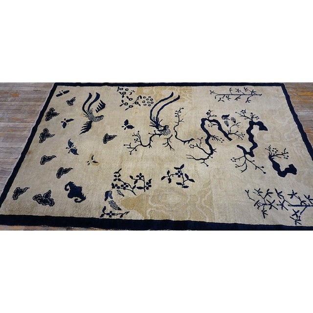 Wool 1920s Ivory Knotted Rectangle Antique Chinese - Peking Small Scatter Size Rug, Circa Date: 1920s. This exquisite...