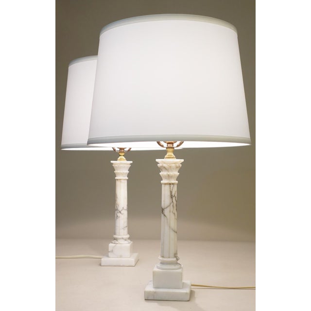 Hollywood Regency 1950s Neo Classic Hollywood Regency Modern Carrera Marble Corinthian Style Column Table Lamps - a Pair For Sale - Image 3 of 10