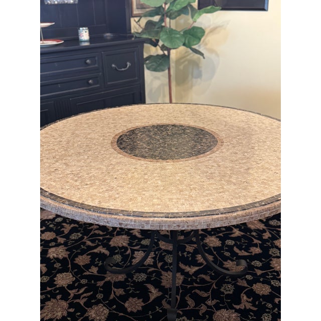 Tuscan Arhaus Italian Travertine Mosaic Dining Table, 54" Round, Wrought Iron Base For Sale - Image 3 of 8