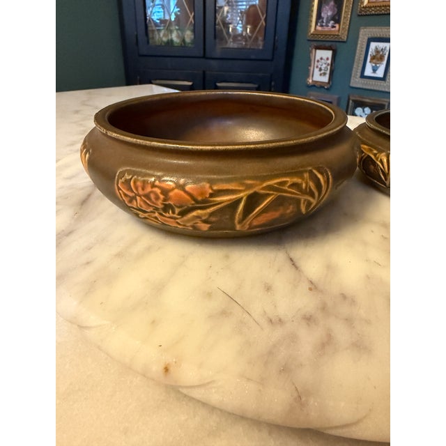 Antique 2pc Roseville Rosecraft Panel Pottery 6.5" & 5" Console Bowl - A Pair For Sale - Image 10 of 13