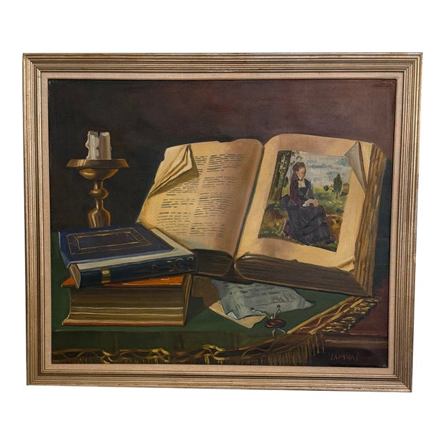 Mid 20th Century Trompe L’oeil Style Painting of a Library Scene - Signed For Sale