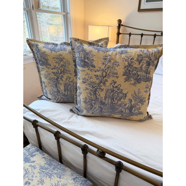 Yellow A Pair of Custom Butter Yellow and Blue Toile Pillow Shams For Sale - Image 8 of 10