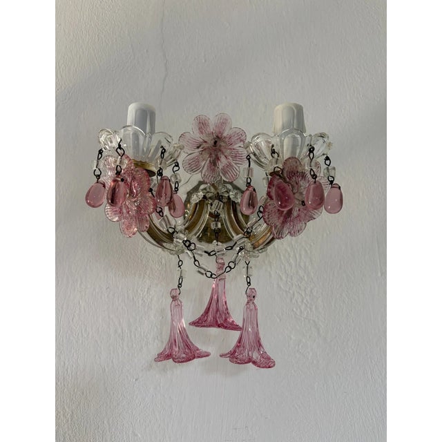 C 1930 Rare Pink Cranberry Fuchsia Murano Flowers Crystal Sconces One of Kind For Sale - Image 4 of 11