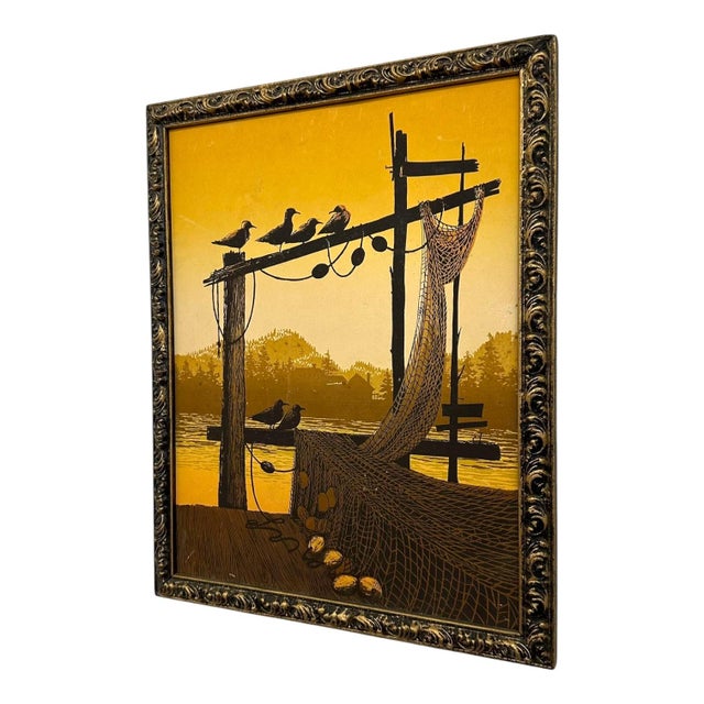 Vintage Walton Butts "Fishnets" Signed Serigraph – Mid-Century Modern Coastal Harbor Silkscreen Print.. For Sale - Image 4 of 7