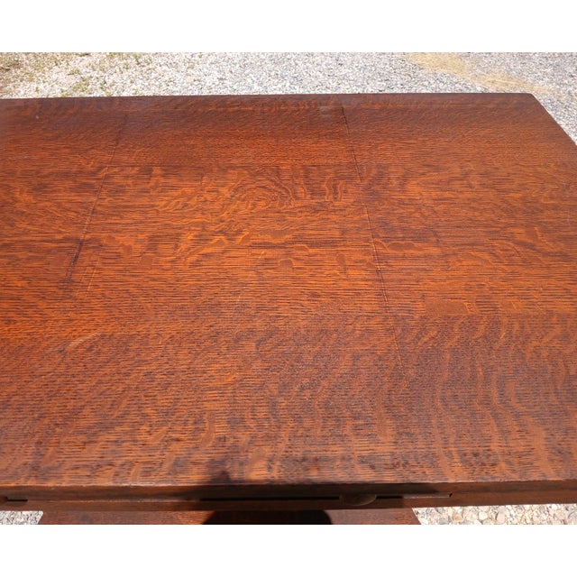 Antique Mission Quarter Sawn Oak Double Pedestal Library Table 1920 For Sale - Image 15 of 17