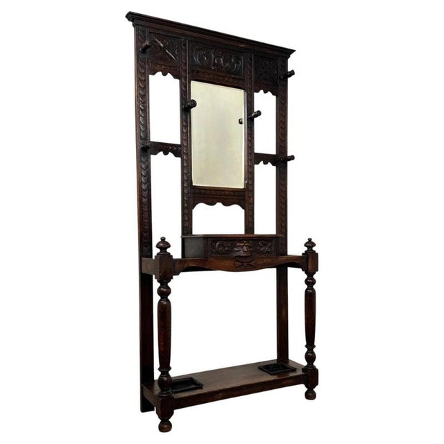 Antique English Carved Oak Green Man Hall Stand For Sale - Image 4 of 13