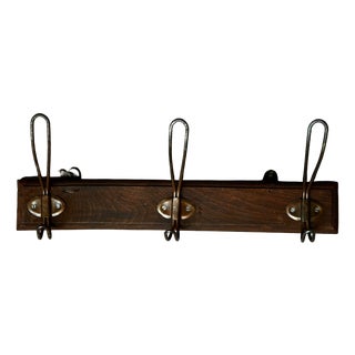 Vintage Bistro-Style Wall-Mounted Coat Rack in Wood and Patinated Metal, 1940s For Sale
