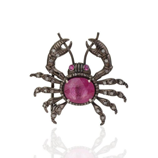 Gemstone 6.4 Carat Ruby and Diamond Crab Brooch Pendant in Sterling Silver For Sale - Image 7 of 14