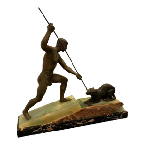 1930s French Art Deco Bronze Hunter and Panther Sculpture Signed Lemoine
