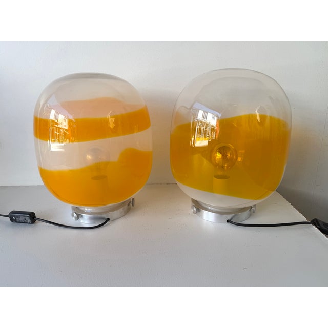 Pair of Murano Glass Orange White Smoke Saturn Lamps. Italy, 1970s For Sale - Image 9 of 13