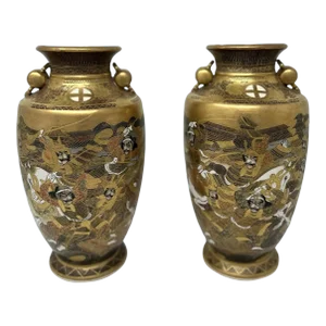 Antique Pair Japanese Satsuma Hand Painted Vase Urns Meiji Period 1868-1912