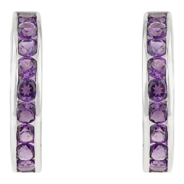 February Birthstone Purple Amethyst Hoop Earrings in Solid Silver, A Pair For Sale