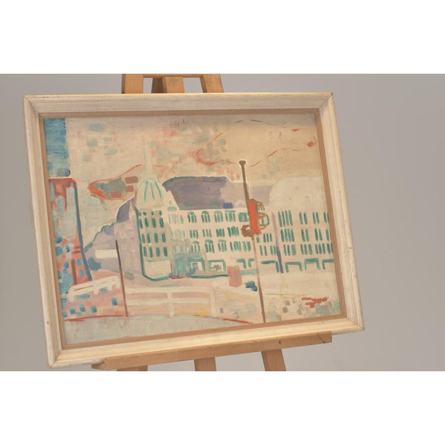 Oil painting of a cityscape in naive realism, "Spandau." Monogrammed B 60 in the lower right corner. Pale, almost impasto...