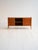 Scandinavian teak sideboard with compartments and drawers with carved handles. Original label from Furulunds Möbelaffär...