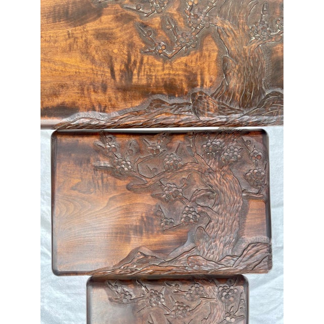 Vintage Hand-Carved Wood Cherry Blossom Asian Nesting Tables For Sale - Image 4 of 12