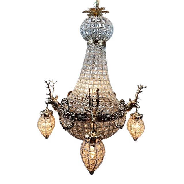 1970s French Louis XVI Gold Bronze Deer Head Chandelier 10Lt For Sale
