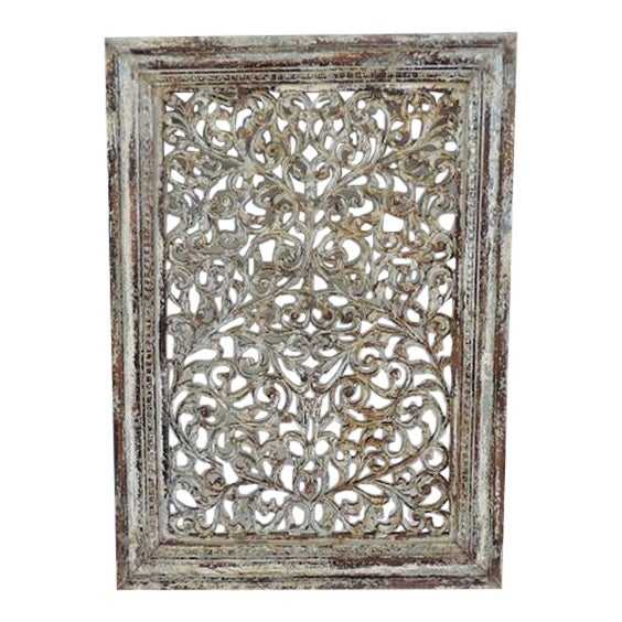 White Distressed Carved Wood Panel | Chairish