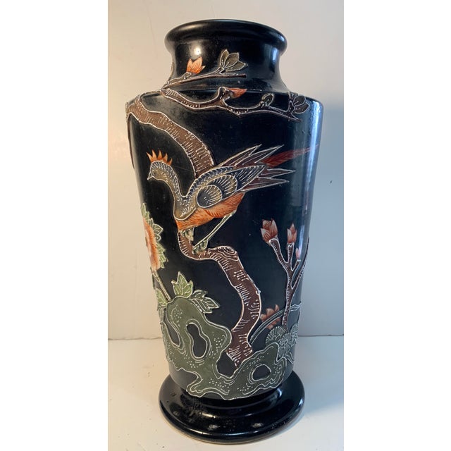 Antique Royal Nishiki Nippon Black Stoneware Moriage Floral Bird Vase