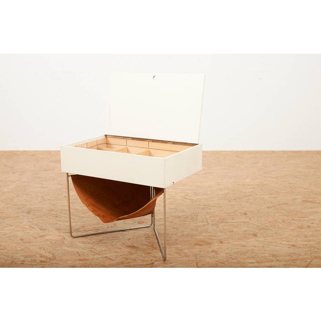 Folding Metal Frame Box with Leather Compartment in White Painted Plywood from Wohnhilfe, 1950s For Sale - Image 6 of 12