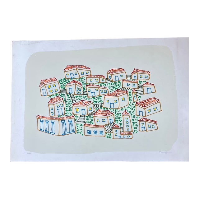 1970’s Original Abstract Pop Lithograph Village Scene Signed Numbered 7/25 For Sale