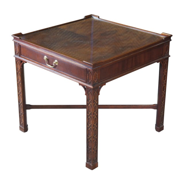 Late 20th Century Vintage Baker Chinese Chippendale Mahogany Carved Square End Table with Glass Top For Sale - Image 13 of 13