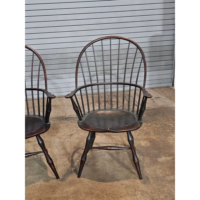 Late 20th Century Late 20th Century Pair of d.r. Dimes Sack Back Windsor Arm Chairs Bench Made Black Crackle Finish For Sale - Image 5 of 8