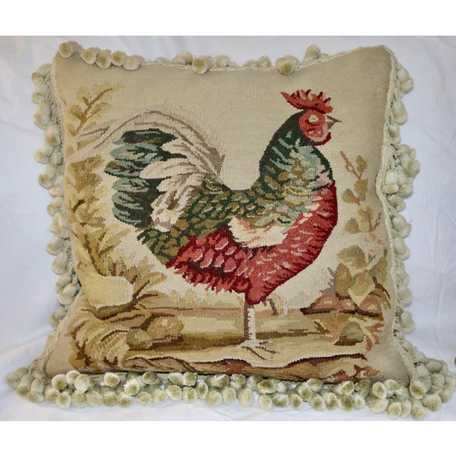 Vintage Needlepoint Pillows Rooster and Hen - A Pair. The Pillows are embellished with Ball Fringe and Backed with Gold...