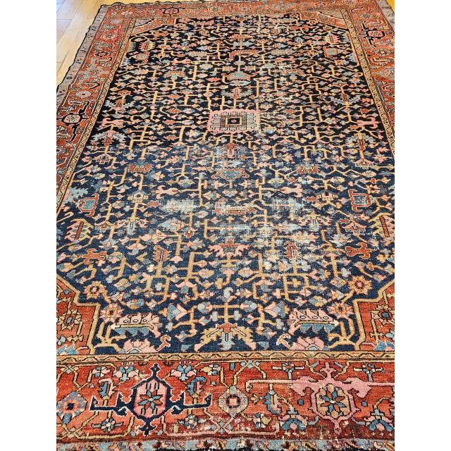 19th Century 19th Century Persian Heriz Serapi Rug, Hand-Knotted Wool, Allover Geometric Pattern, Blue & Red, 8x11 For Sale - Image 5 of 18
