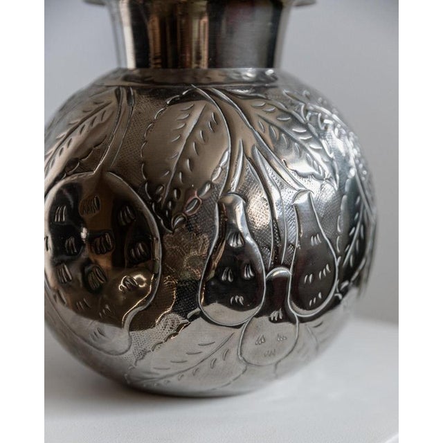 Vintage Nickel-Plated Brass Vase with Hand-Hammered Fruit and Leaf Relief, Italy, 1960s For Sale - Image 3 of 15